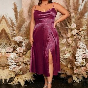 SHEIN: Belle Plus Draped Collar Split Thigh Satin Cami Dress